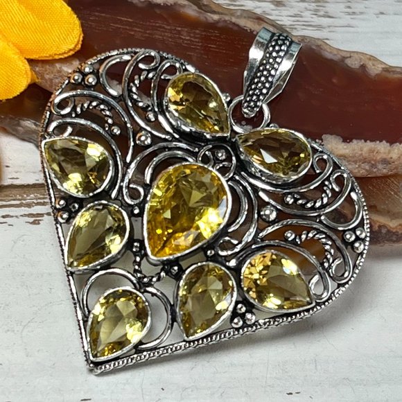 Heart Pendant Citrine Large Handmade Gemstone 924 Stamped Bohemian Sparkler New! - Picture 4 of 13